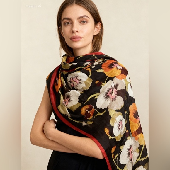 Kenzo Accessories - Authentic Kenzo Silk Black Scarf with Floral Design and Red Border